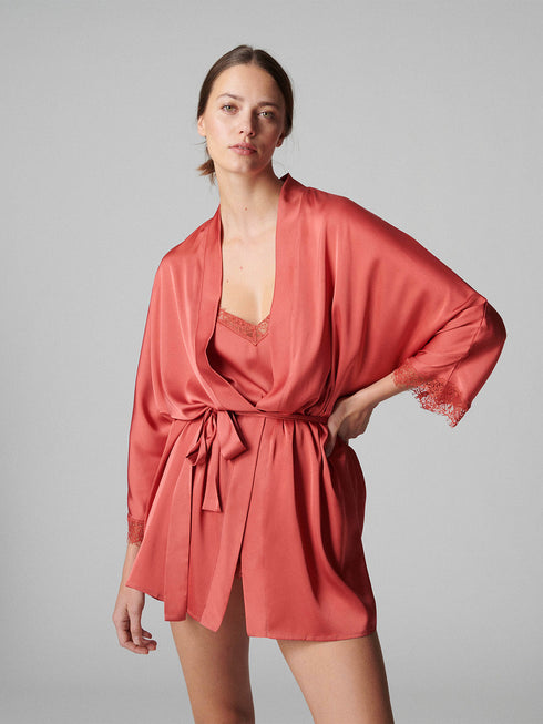 Simone Perele Kimono aus Satin und Spitze Rosenquarz