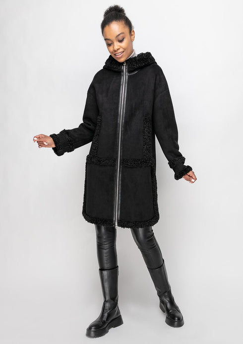 Shearlingjacke aus Eko-Kunstfell schwarz