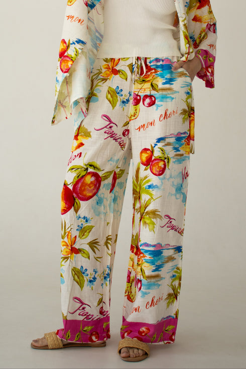 White beach pants with tropical pattern LABEL OF LOVE