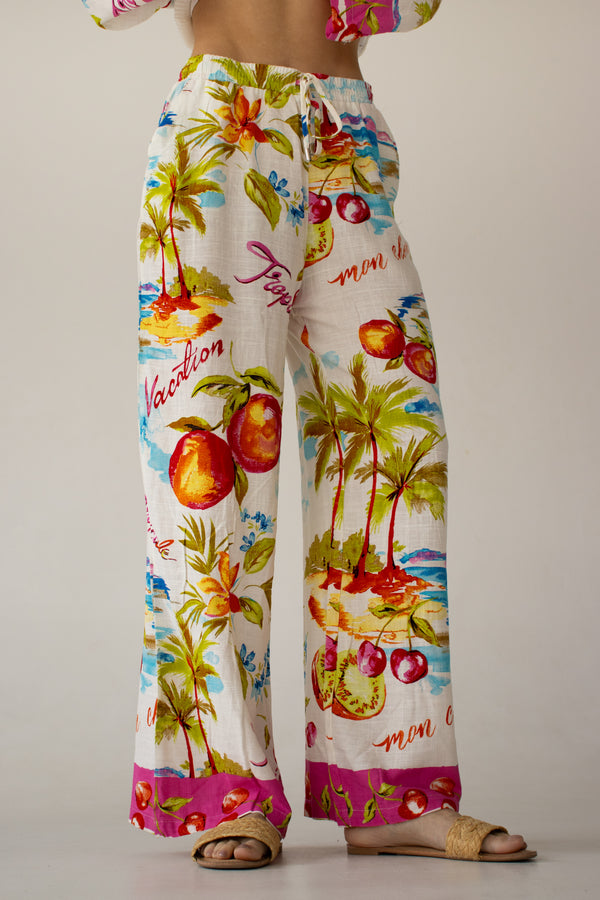 White beach pants with tropical pattern LABEL OF LOVE