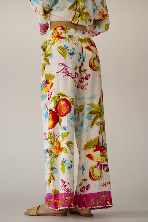 White beach pants with tropical pattern LABEL OF LOVE