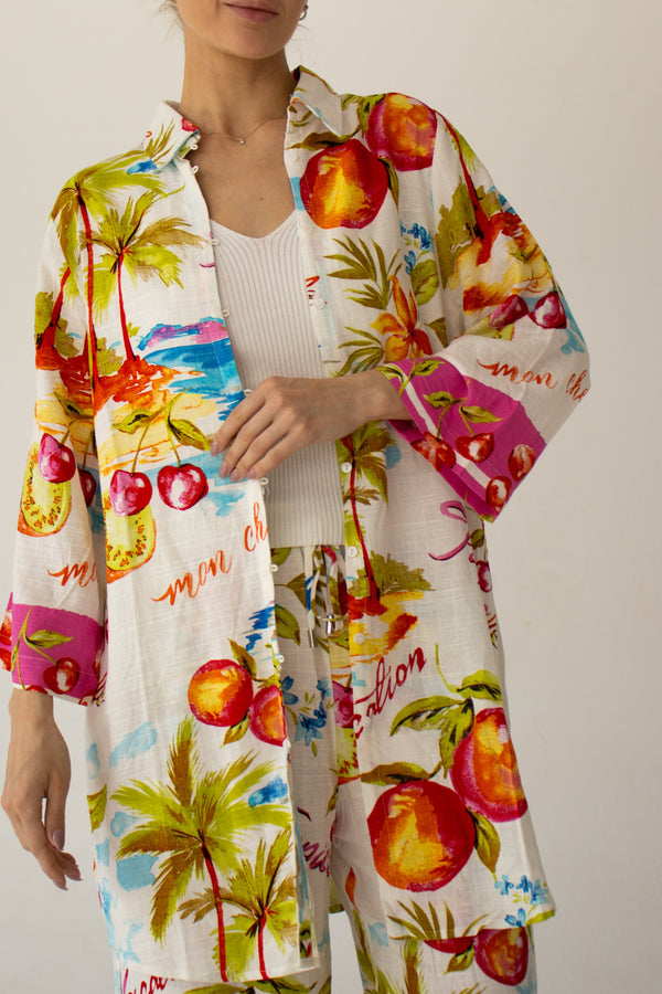 White beach shirt with tropical pattern LABEL OF LOVE