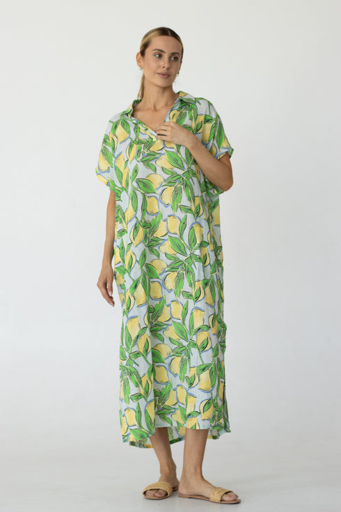 Blue-yellow beach dress with lemon pattern ISAAC MIZRAHI