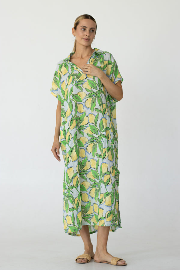 Blue-yellow beach dress with lemon pattern ISAAC MIZRAHI