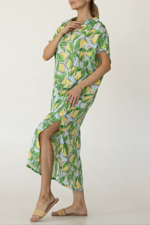 Blue-yellow beach dress with lemon pattern ISAAC MIZRAHI