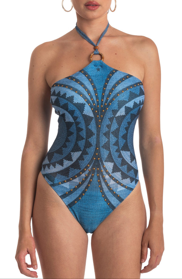 Einteiliger Nieten-Badeanzug Blau PIN-UP STARS