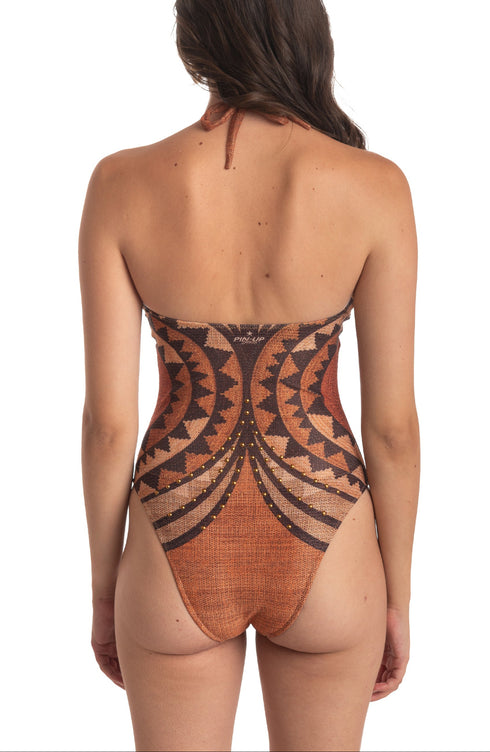 Einteiliger Nieten-Badeanzug Braun PIN-UP STARS