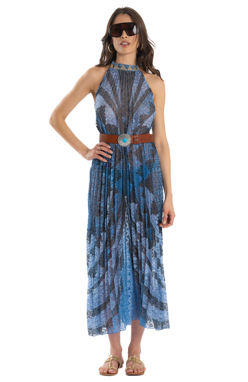 Langes plissiertes Kleid Blau PIN-UP STARS